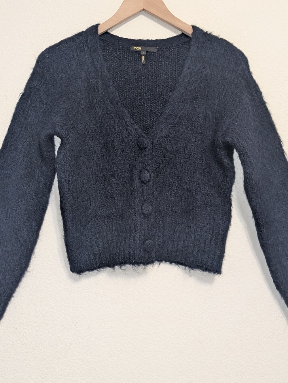 Maje v-neck cropped mohair blend navy knit sweater size small. Excellent pre-own